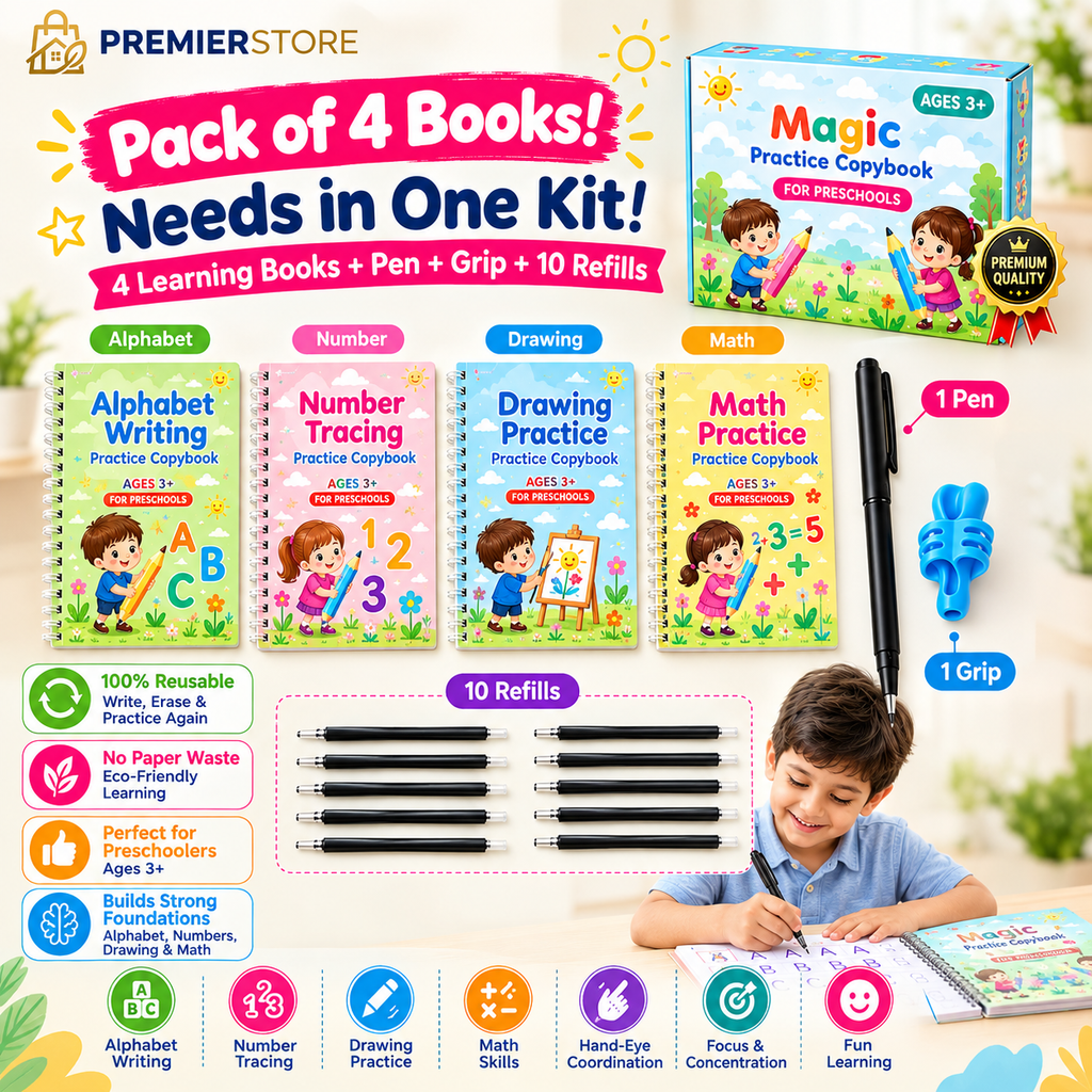 Pack of 4 Magic Book (4 Book + 1 Pen + 10 Refill + 1 Grip)